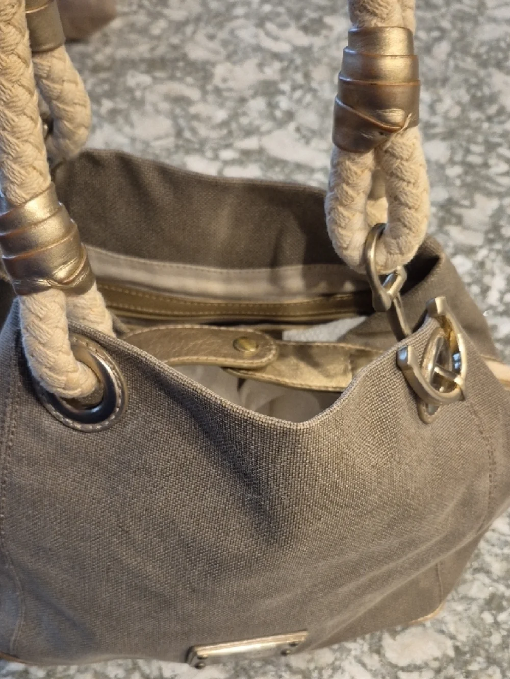 Michael Kors Beige-Tan Rope Handle Shoulder Bag With Gold Leather Trim